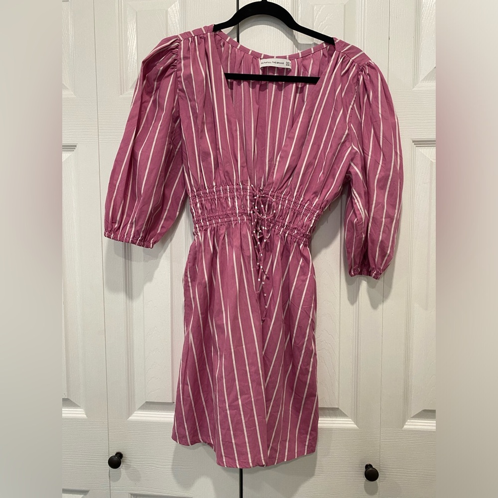 Faithfull the Brand Pink Purple Striped Dress with Puff Sleeves and Tie Front